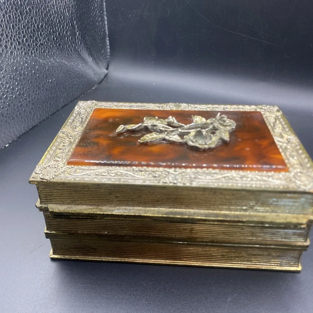 Vintage Linden Brass Plated Rose Jewelry Box Gold‎ Tone 3 Stacked Book Shaped